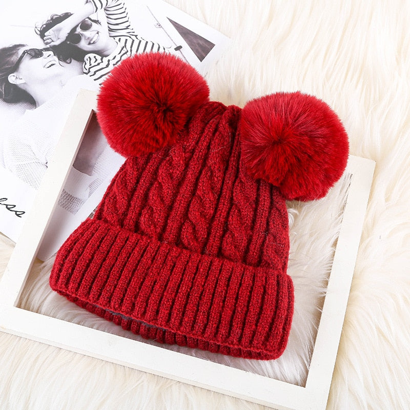 Faux Fur Double Pom Pom Hat