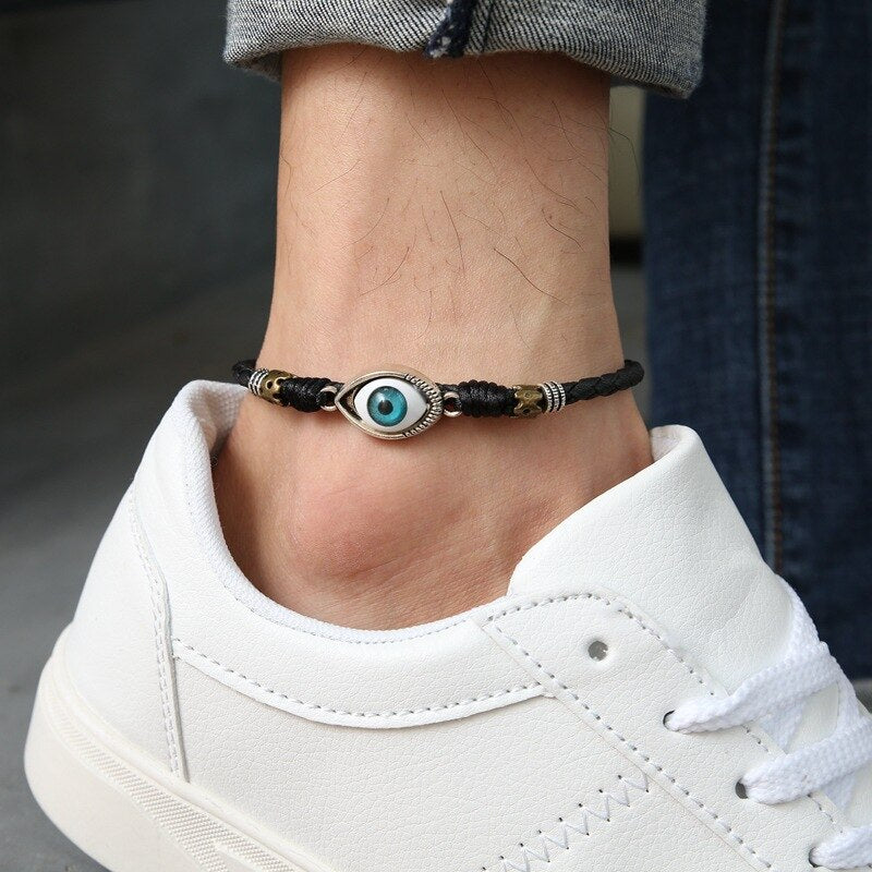 Evil eye Black leather anklet