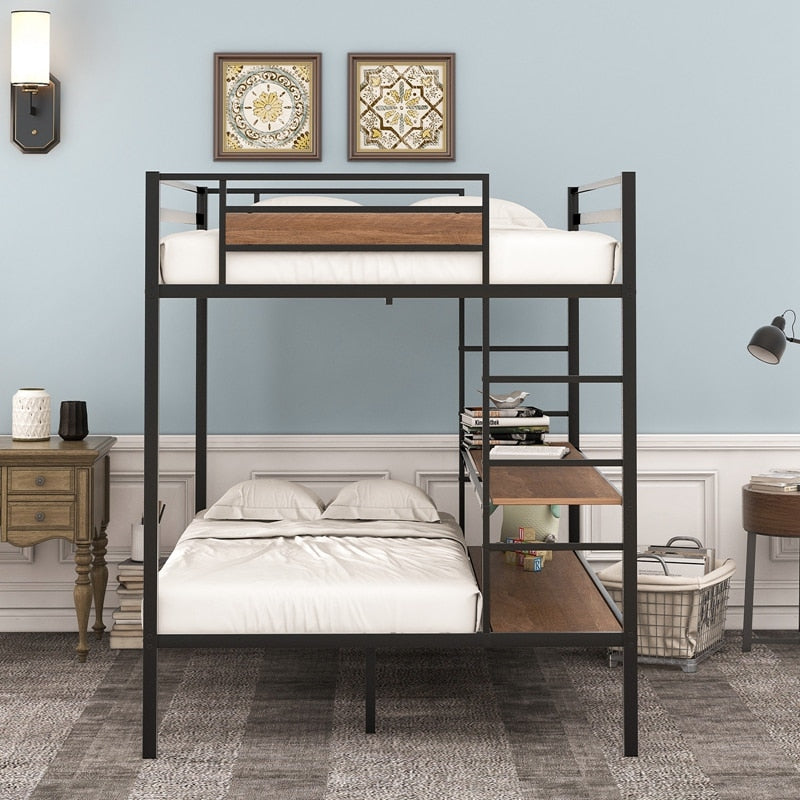 Metal Full Size Over Twin Bunk Bed With Shelves