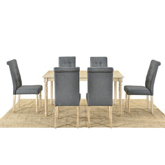 Wood Dining Table Set Of 7 with 6 High Back Upholstered Dining Chairs