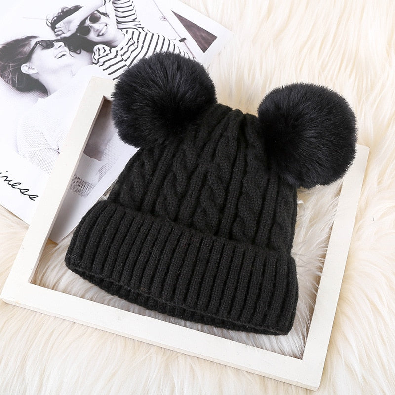 Faux Fur Double Pom Pom Hat