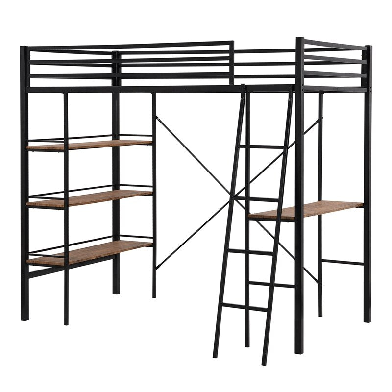 Multi Use Single Layer Twin Bunkbed With Shelves And Desk