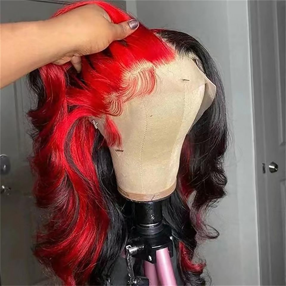 Pre-plucked Red & Black Brazilian Lace Front Human Hair Wig