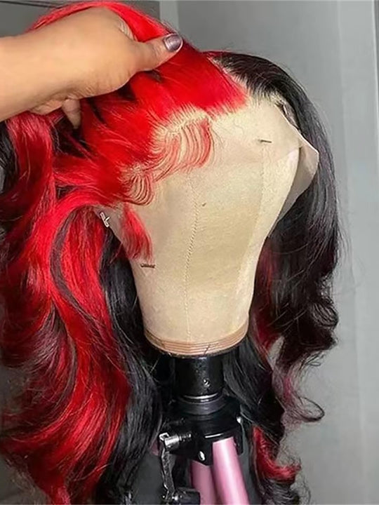 Pre-plucked Red & Black Brazilian Lace Front Human Hair Wig