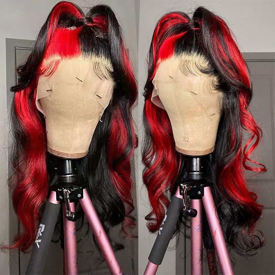 Pre-plucked Red & Black Brazilian Lace Front Human Hair Wig