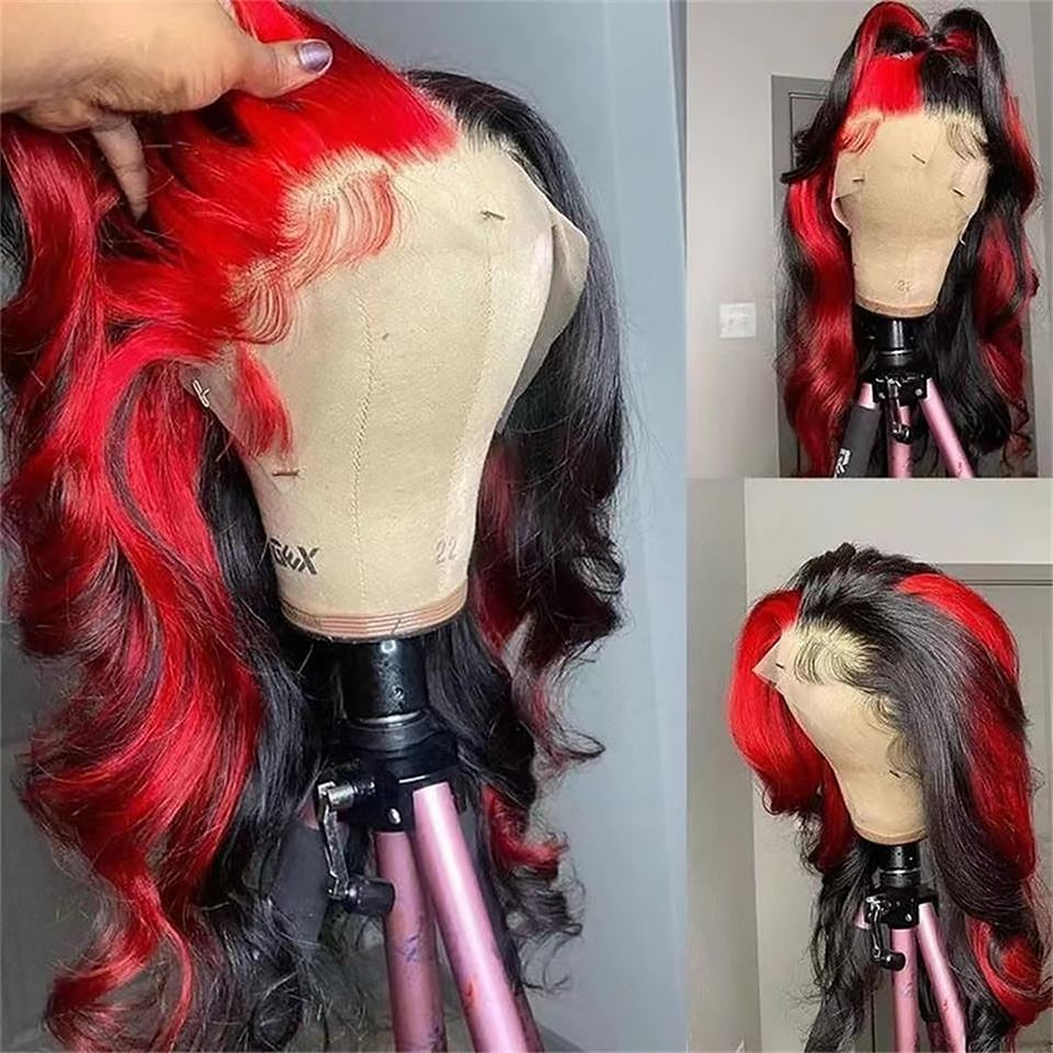 Pre-plucked Red & Black Brazilian Lace Front Human Hair Wig