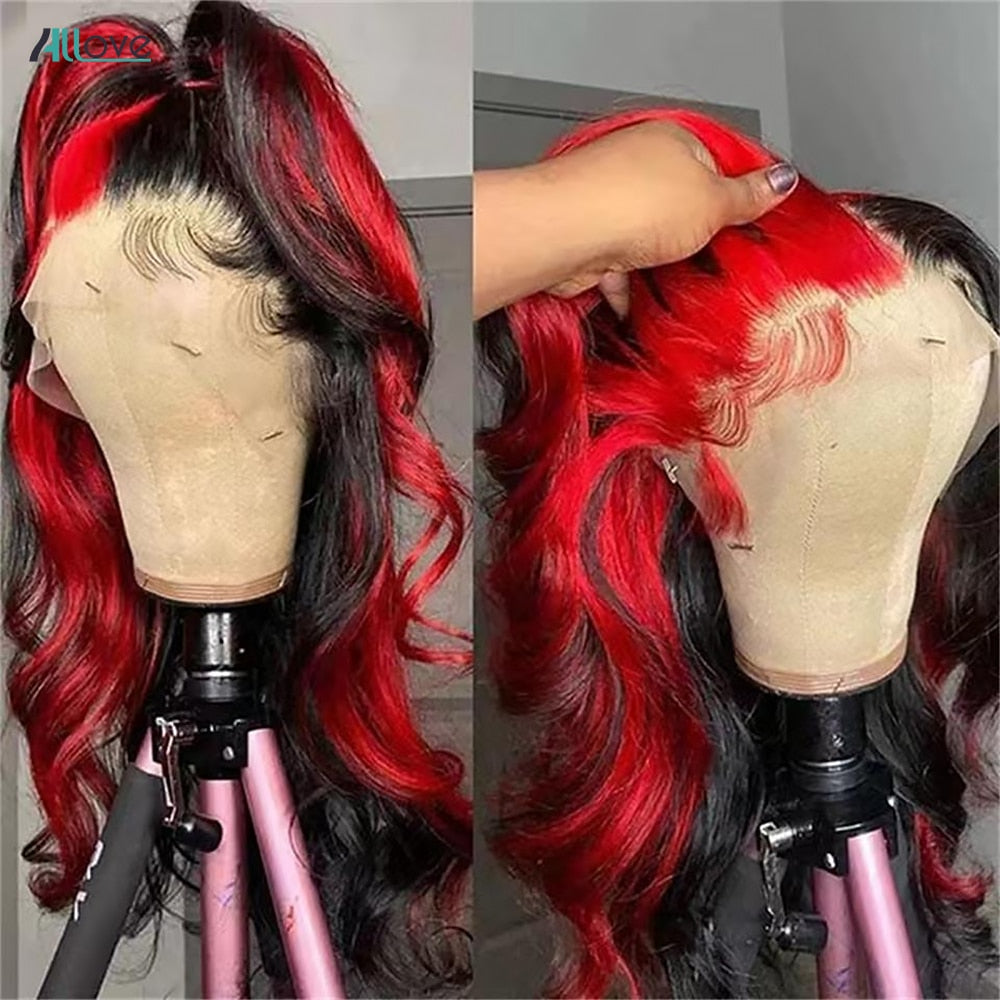 Pre-plucked Red & Black Brazilian Lace Front Human Hair Wig