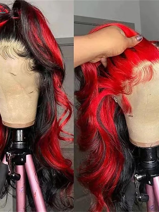 Pre-plucked Red & Black Brazilian Lace Front Human Hair Wig