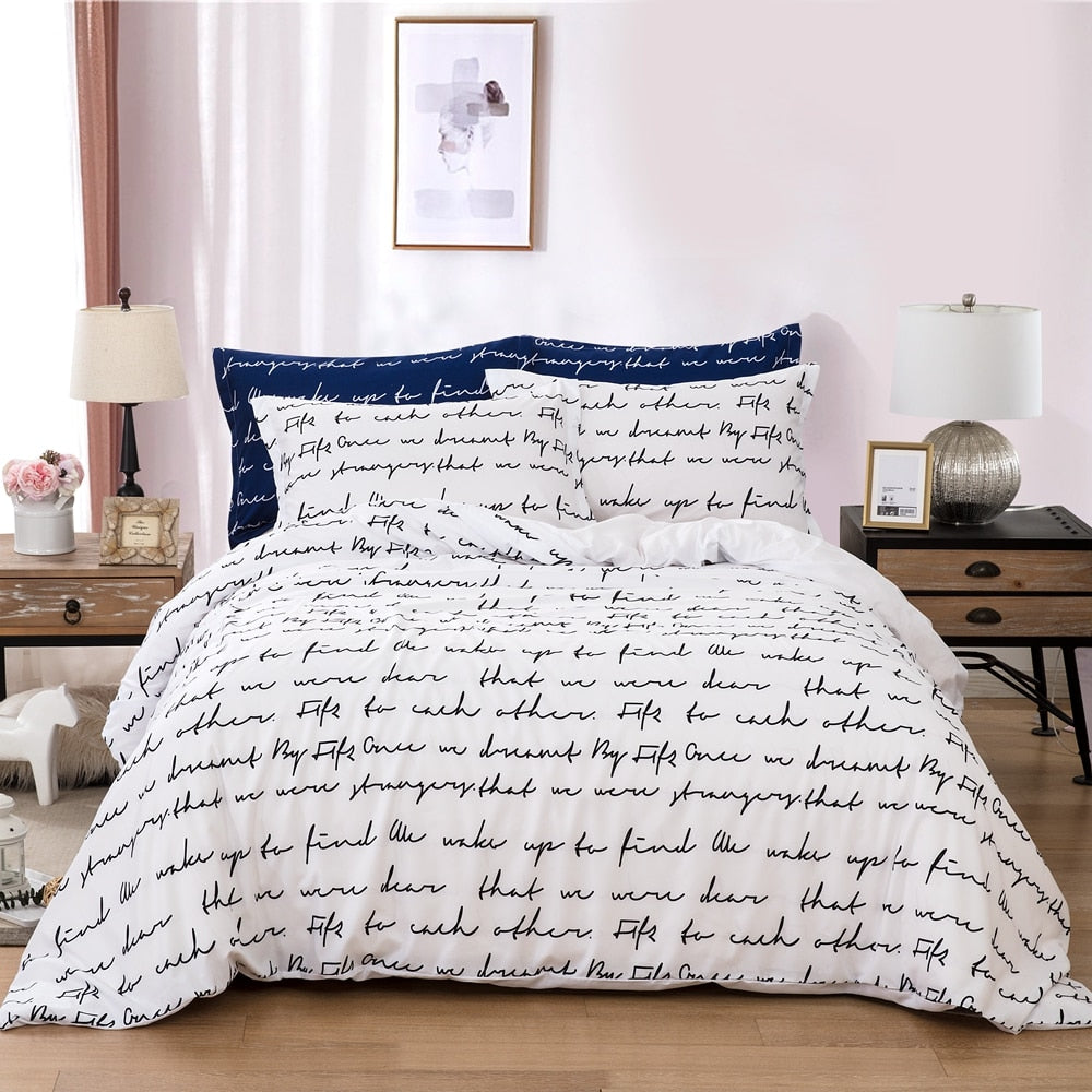 White With Black Written Letters Bed Set - KeepMeDifferent