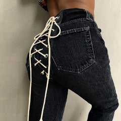 High Waist Back-Side Drawstring Jeans - KeepMeDifferent