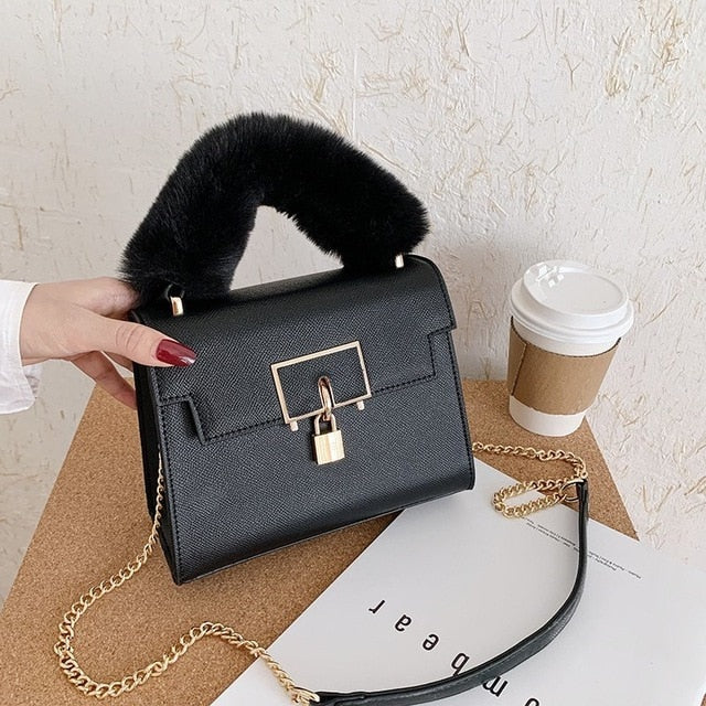 Chain Lock Faux Fur & Leather Purse - KeepMeDifferent