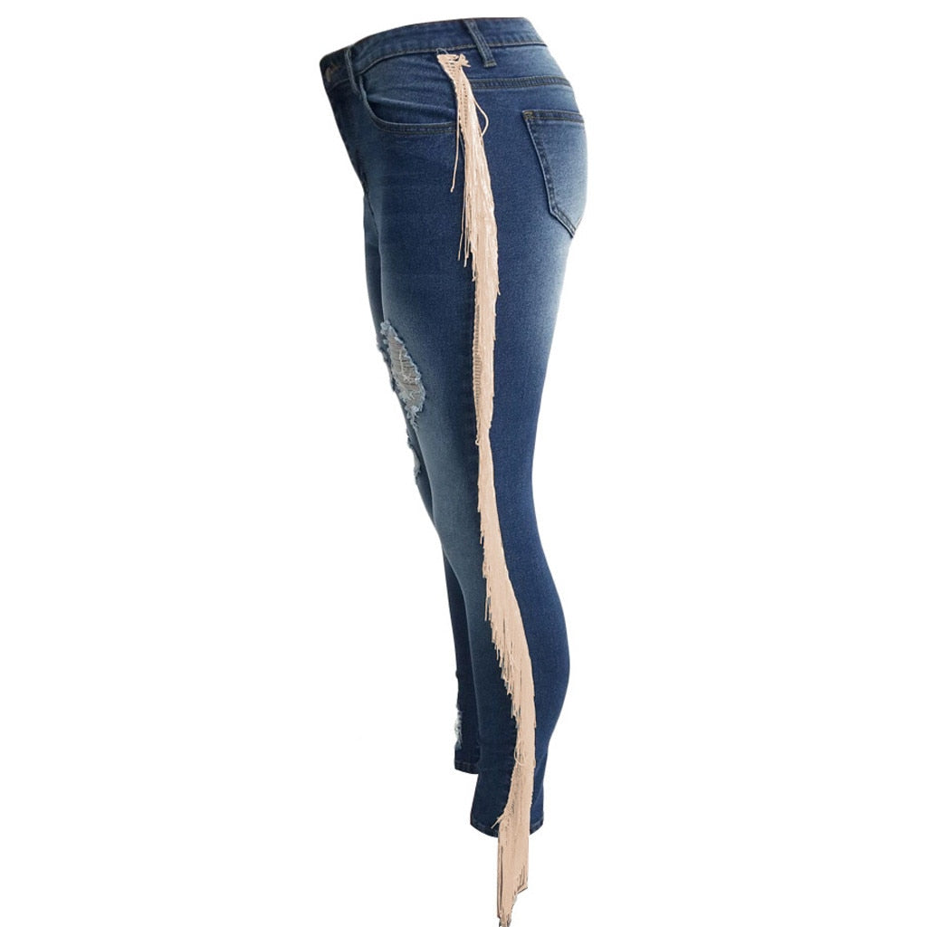 High Waist Tassel Stretch Jeans - KeepMeDifferent