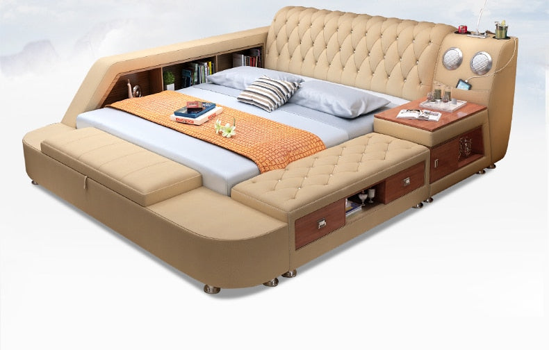 "Carmel Camel" Genuine leather bed with storage speaker LED light