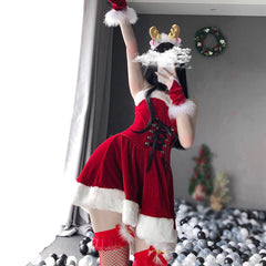 Christmas Xmas Party Lady Miss Santa Claus Cosplay Costume Sexy Uniform Sleeveless Maid Waitress Winter A-Line Tube Dress Gift