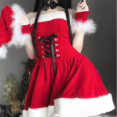 Christmas Xmas Party Lady Miss Santa Claus Cosplay Costume Sexy Uniform Sleeveless Maid Waitress Winter A-Line Tube Dress Gift